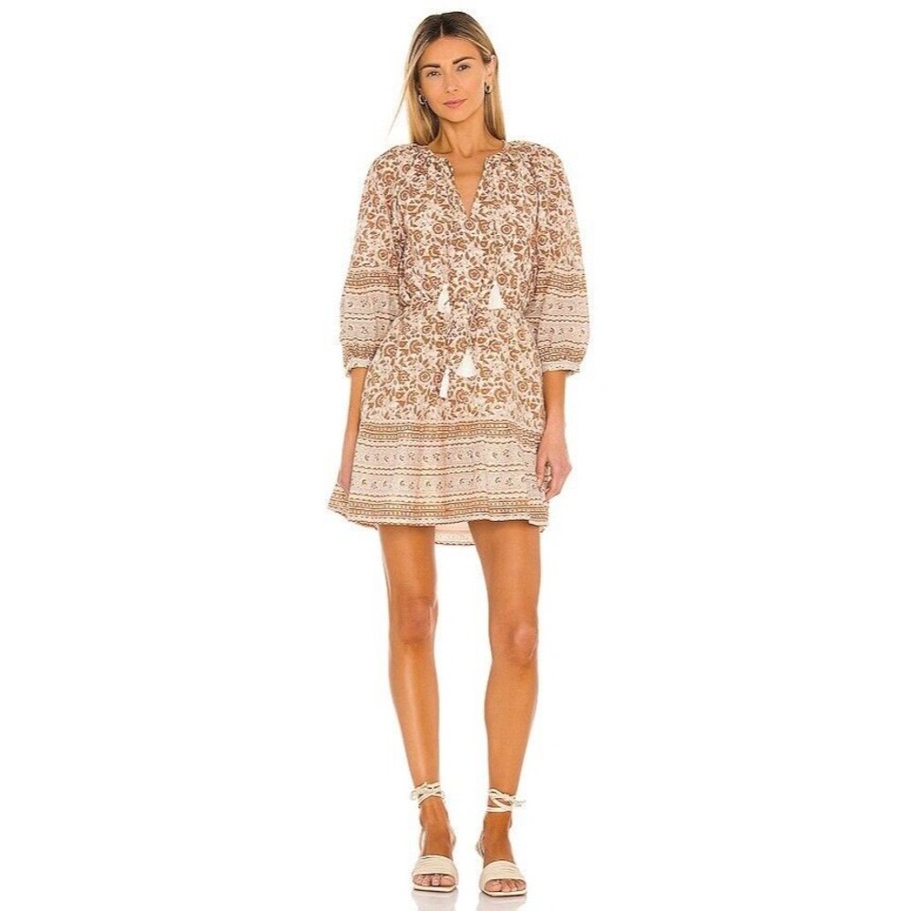 Cleobella Rosy Puff Sleeve Boho Floral Print Mini Dress Size Medium Tan